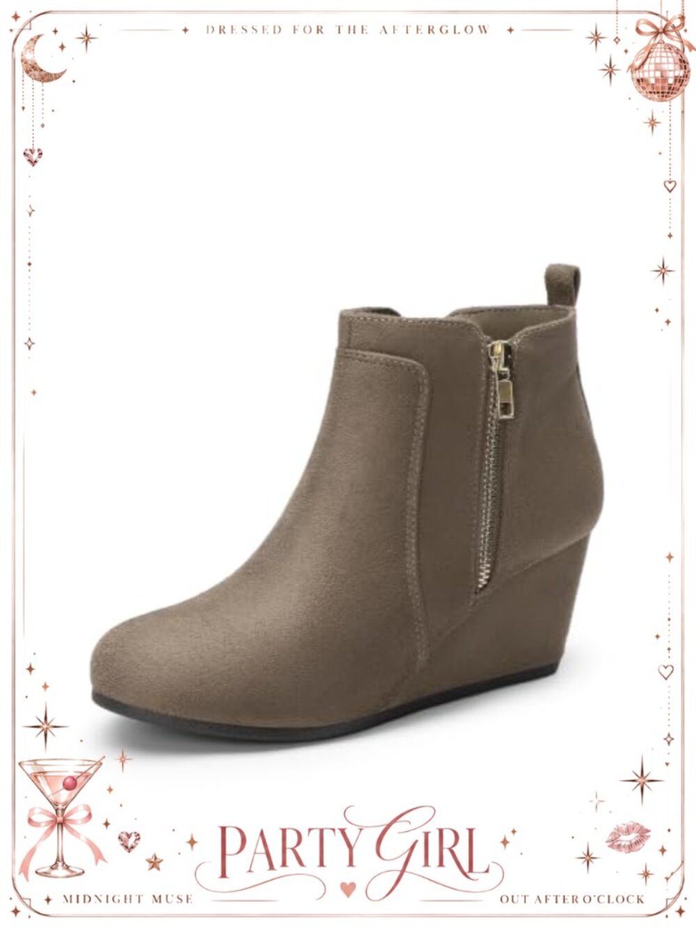 Women's Suede Wedge Ankle Booties with Side Zip and Cushioned Insole